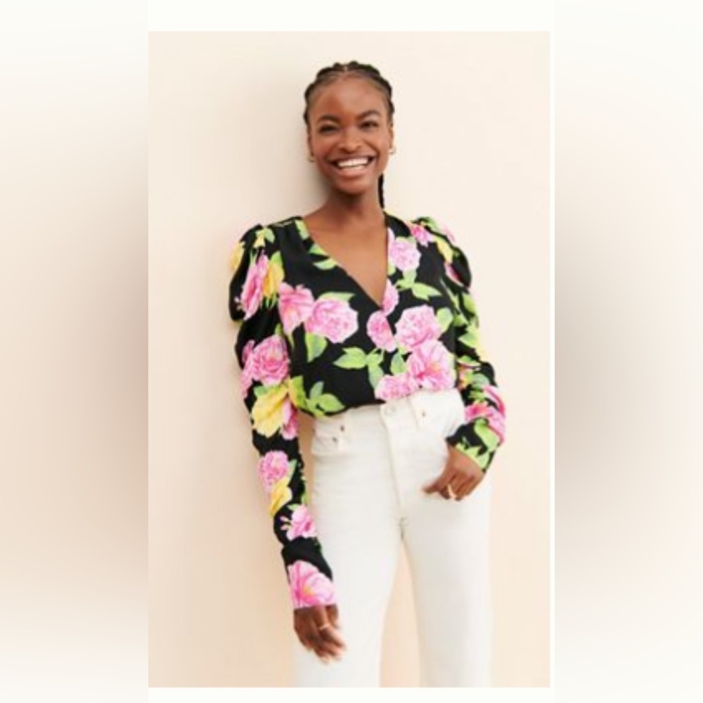 Size 1X AFRM Danna Surplice Bodysuit Floral Black with Pink and Yellow Roses